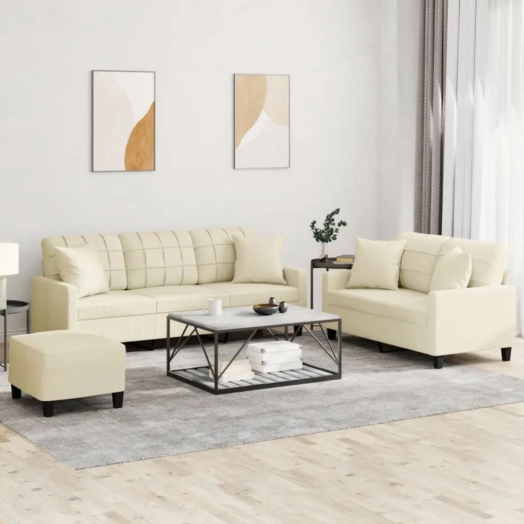 vidaXL 3 pcs conjunto de sofás com almofadas couro artificial creme