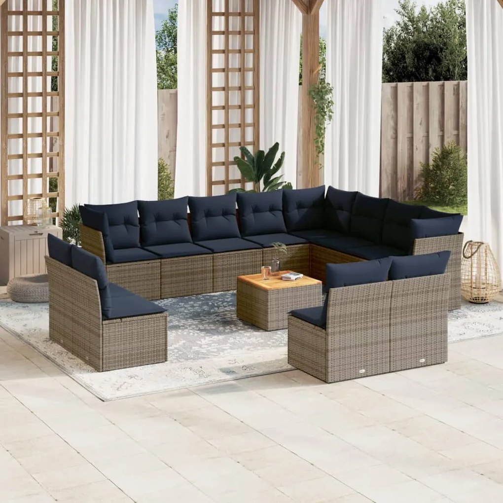 vidaXL 13 pcs conjunto sofás p/ jardim c/ almofadões vime PE cinzento