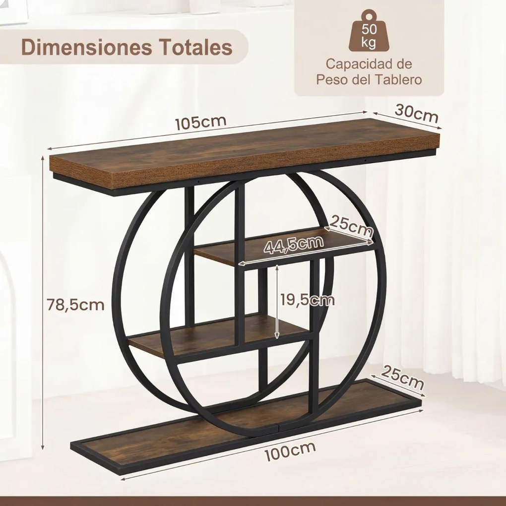 Mesa Consola de entrada 105 x 30 x 78,5 cm de 4 níveis com prateleiras, estrutura metálica circular e sistema anti-tombamento, para sala ou corredor C