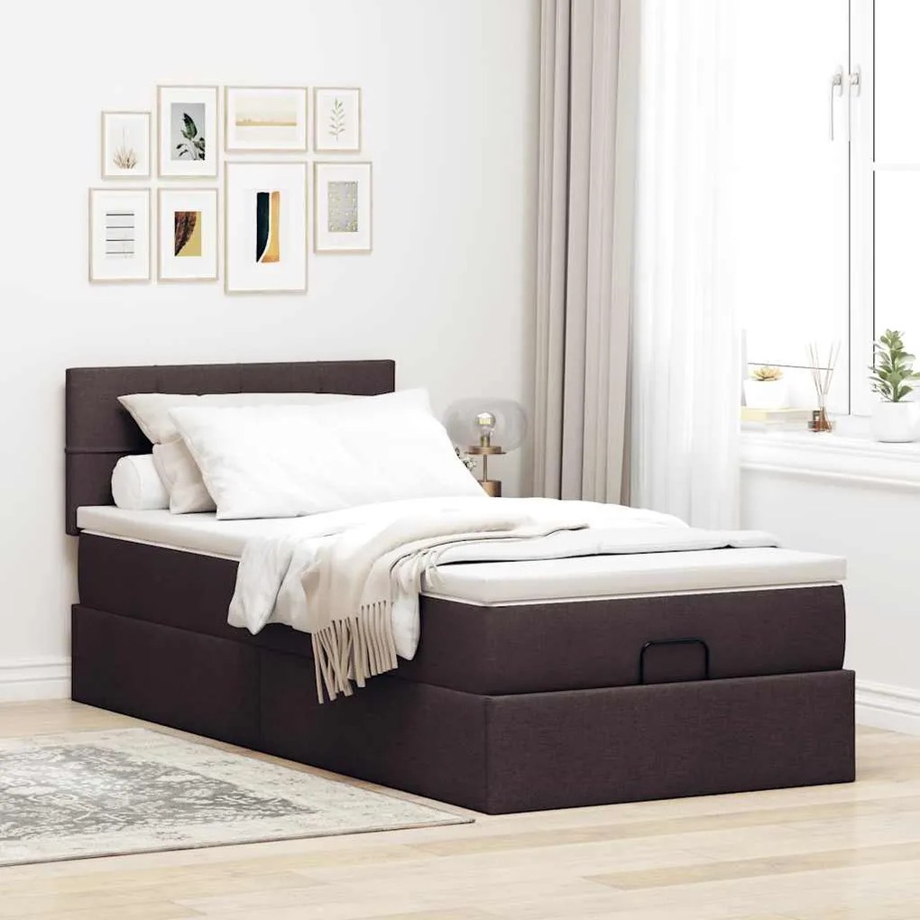 Estrutura cama otomana colchão 90x190 cm tecido castanho escuro