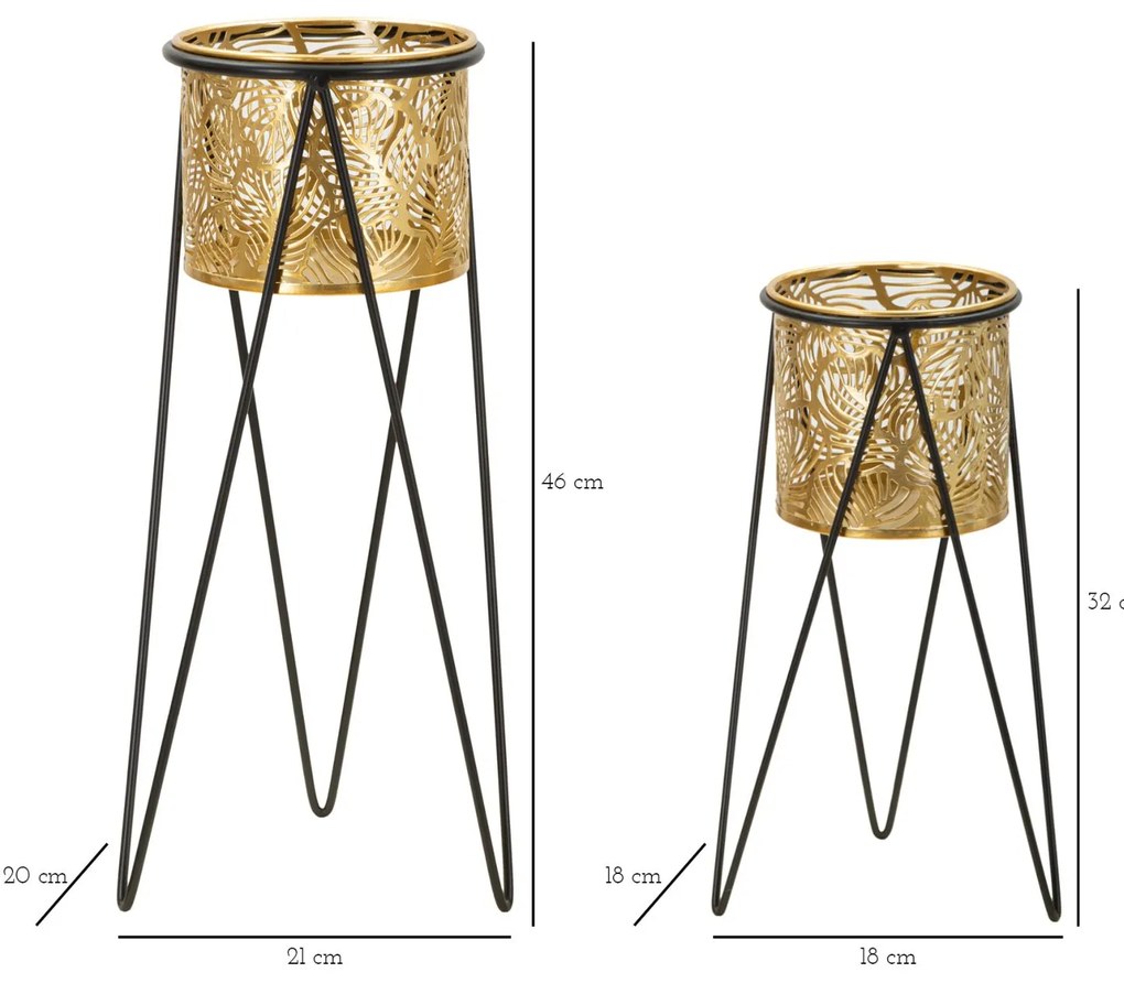 CONJUNTO DE 2 PORTA-VASOS DRAK DOURADO E PRETO 21X20X46-18X18X32 CM (PLANTAS NÃO INCLUIDAS)