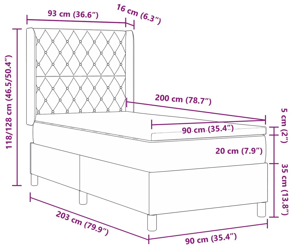 Cama Box Spring com Colchão Cinza Escuro 90x200 cm em Veludo