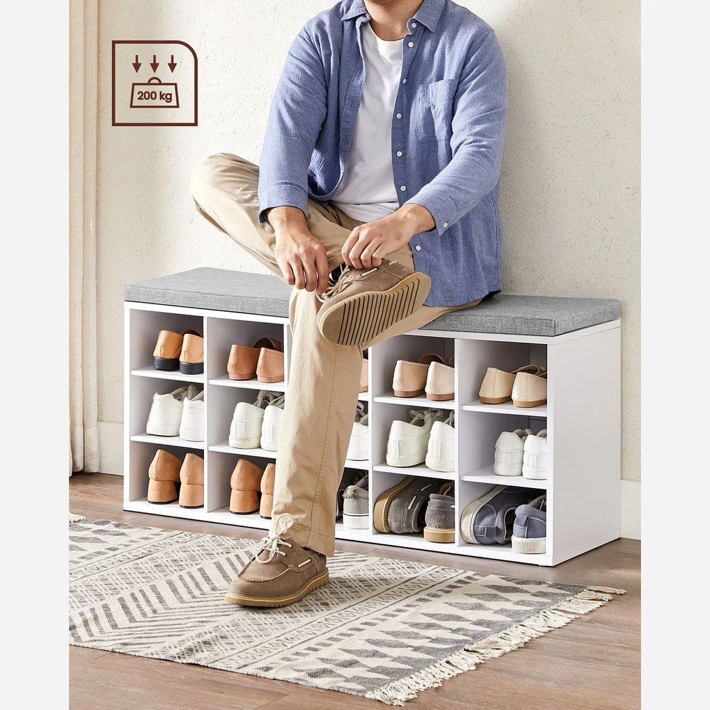 Banco arrumação para sapatos com 15 compartimentos 30 x 105 x 48 cm branco-cinzento