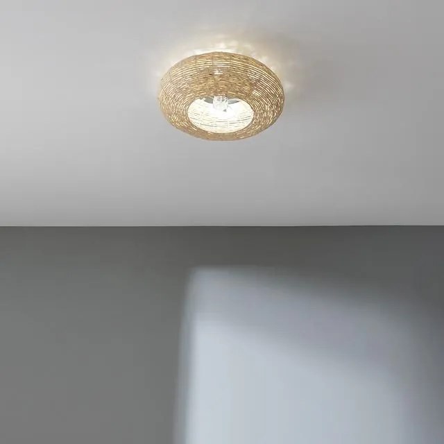 Ventoinha de teto EnergySilence LampAero 600 Natur Wicker de design com motor DC, com uma potência de 20 W e lâmpada integrada, com 5 pás de 11 poleg