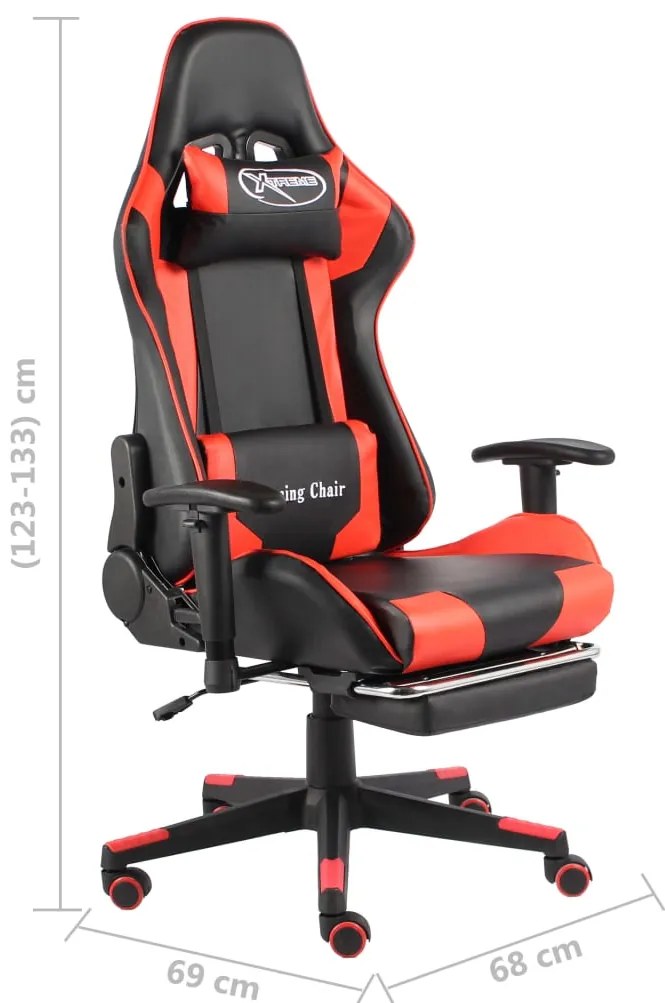 Cadeira de gaming giratória com apoio de pés PVC vermelho