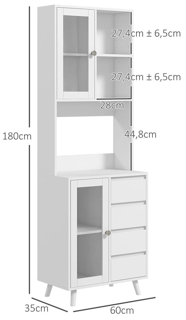 Armário de Cozinha com 2 Armários com Portas de Vidro Temperado 2 Compartimentos Abertos 4 Gavetas 60x35x180 cm Branco