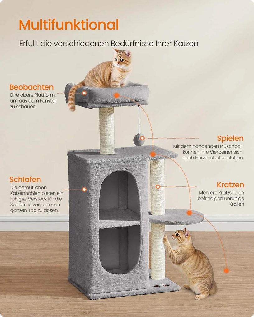 Árvore para gatos pequena com 2 cavernas e 1 plataforma cinza claro