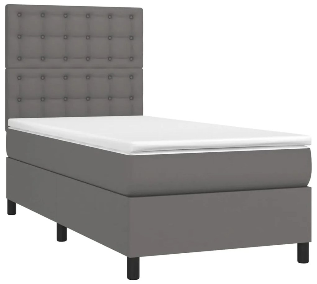 Cama box spring c/ colchão/LED 90x200 cm couro artificial cinza