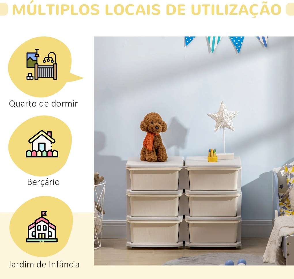 Organizador de Brinquedos com 6 Gavetas para Crianças com Bordas Arredondadas e Pegas 75x37x56,5 cm Creme e Cinza