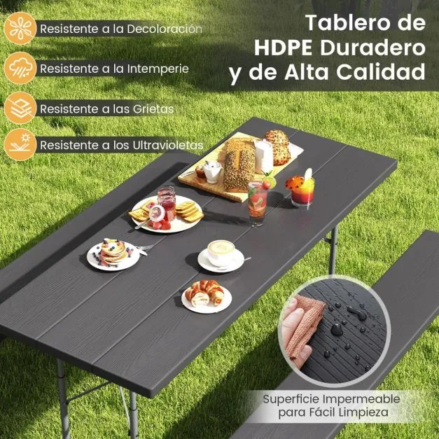 Mesa de piquenique dobrável de 183 cm para 8 pessoas com 2 bancos Estrutura metálica Furo para guarda-sol Preta