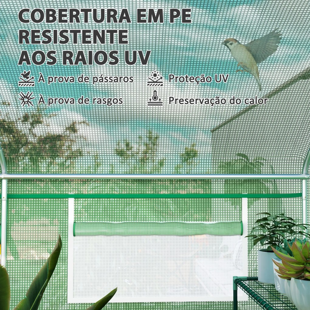 Estufa tipo Túnel 397x300x200 cm Estufa de Exterior com 4 Janelas de Malha Cobertura de PE Anti UV e 3 Portas Enroláveis Verde