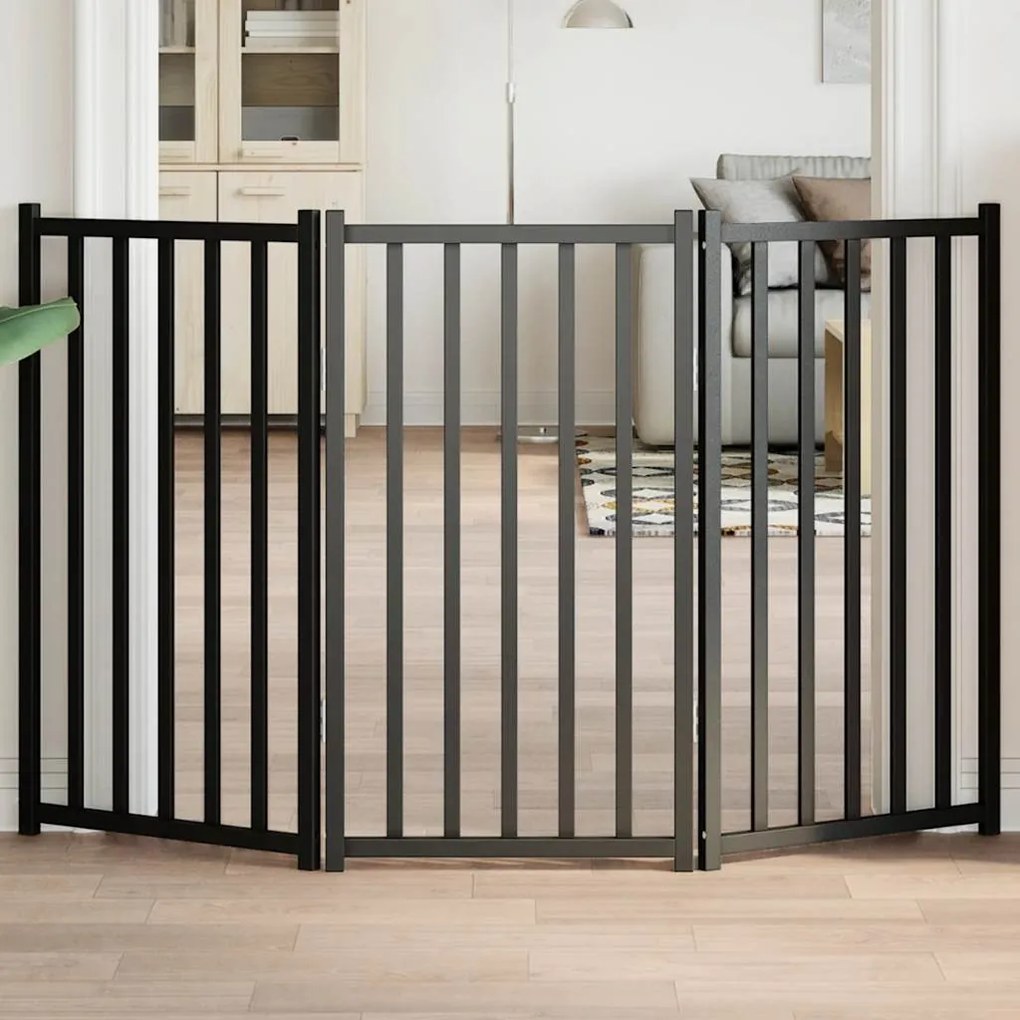vidaXL Portão p/ cães dobrável 3 painéis 150 cm abeto maciço preto