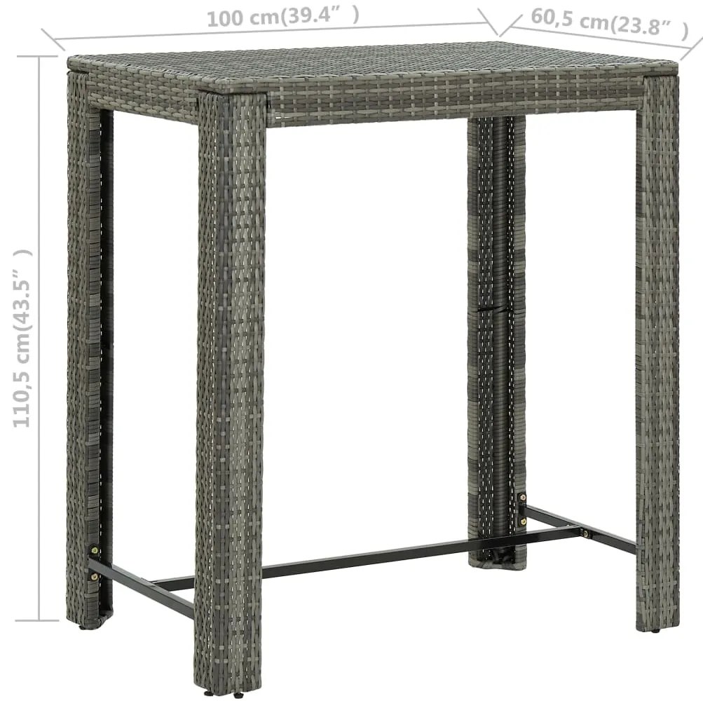 Mesa de bar para jardim 100x60,5x110,5 cm vime PE cinzento