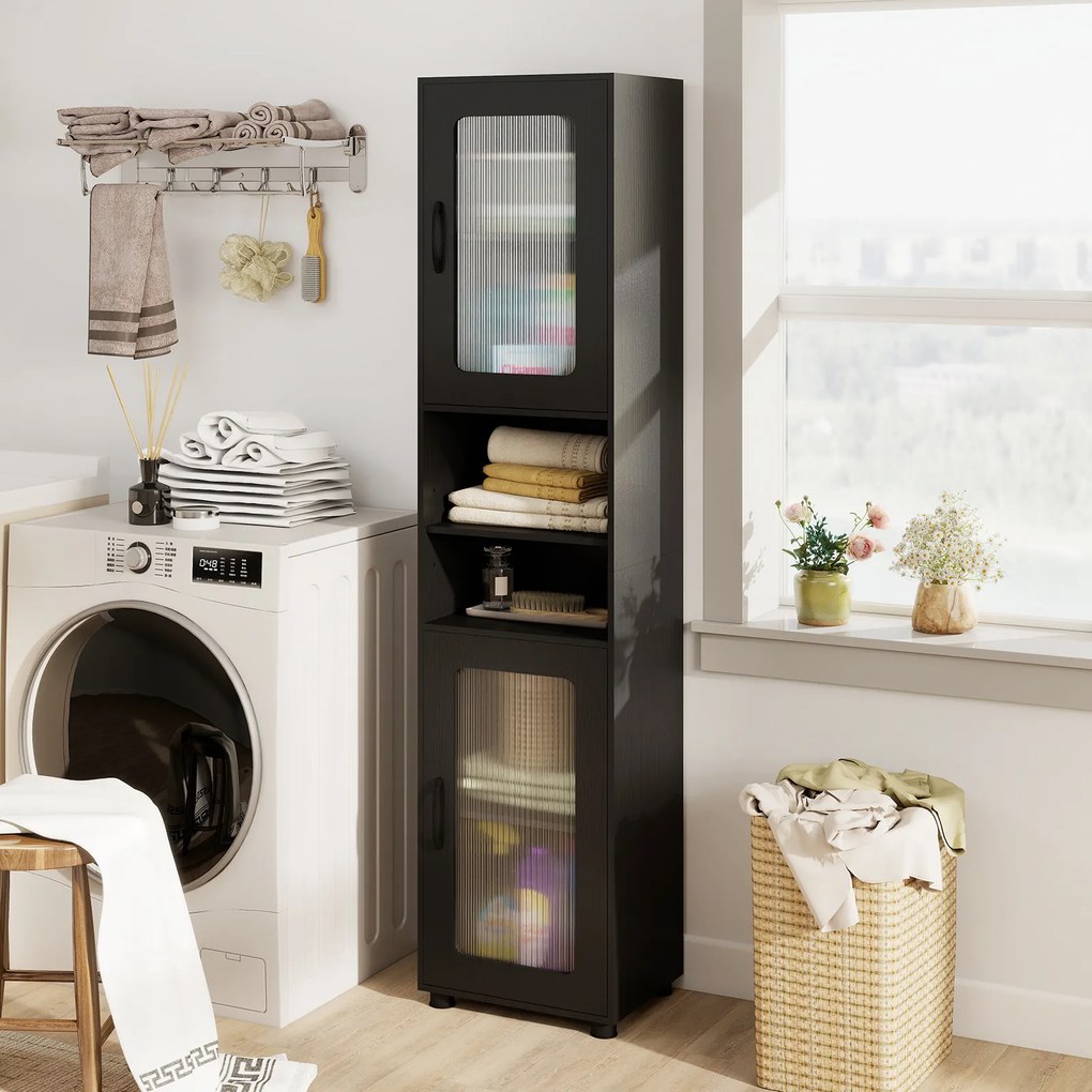 Armário alto e estreito de casa de banho 40 x 30 x 170 cm com 2 portas semitransparentes, 2 compartimentos e prateleira ajustável para cozinha e sala,