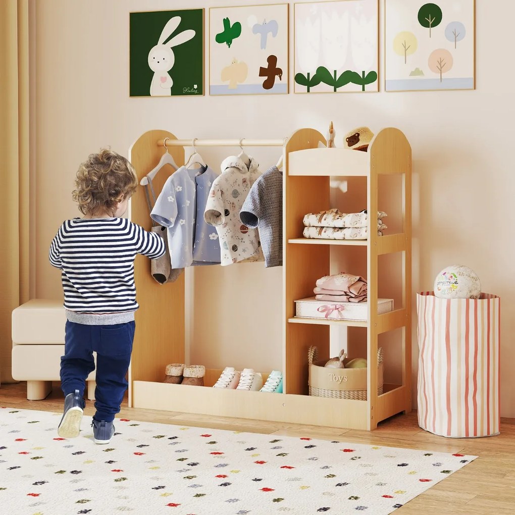 Guarda roupa para crianças com espelho, cabideiro, armário para guardar brinquedos e fantasias 93,5 x 38 x 100 cm Natural