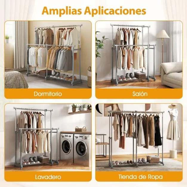 Cabideiro Duplo com Rodas, Altura Ajustável e Largura Extensível, Metal Resistente para closet, Lavandaria ou Sala 140-195 cm Cinza