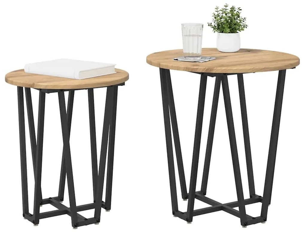Conjunto de Mesas Laterais 2 pcs Carvalho Artesanal em Madeira e Metal