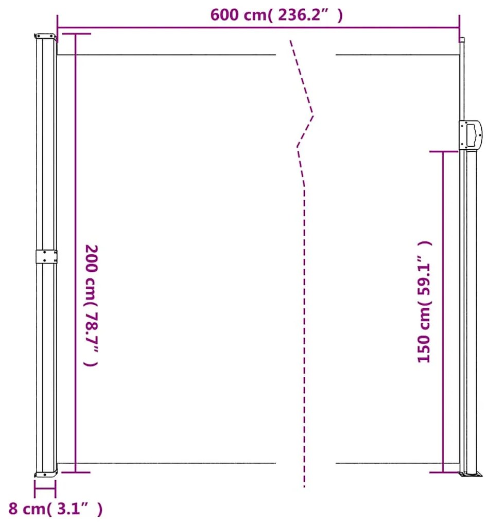 Toldo lateral retrátil 200x600 cm preto
