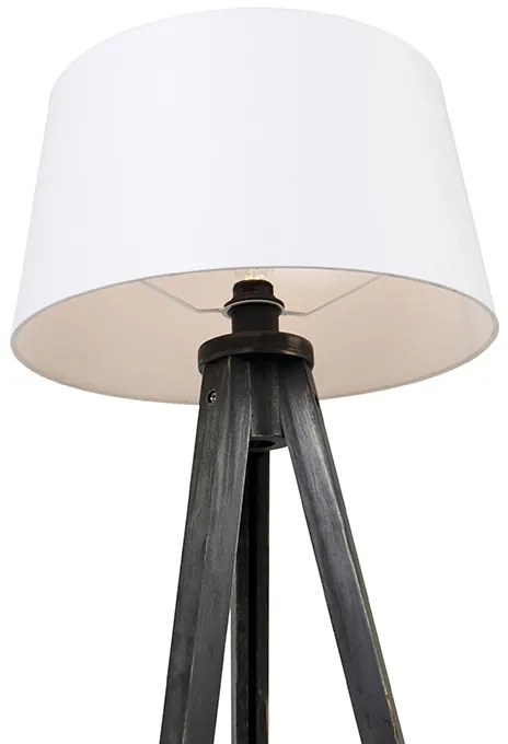 Tripé Preto com Abajur de Linho Branco 45 cm - Tripod Classic Clássico / Antigo