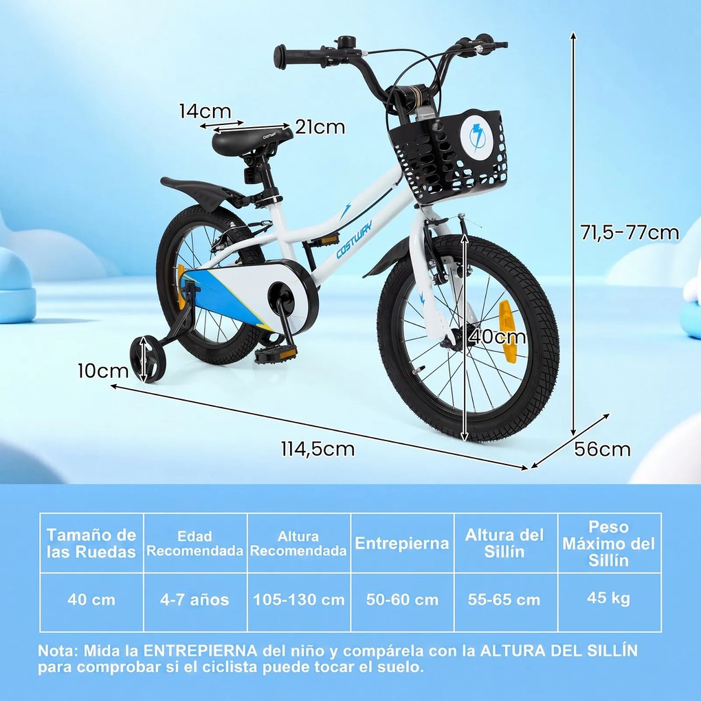 Bicicleta Infantil 4-7 anos, 114,5 x 56 x 71,5-77 cm, Rodas Estabilizadoras Removíveis, Branco
