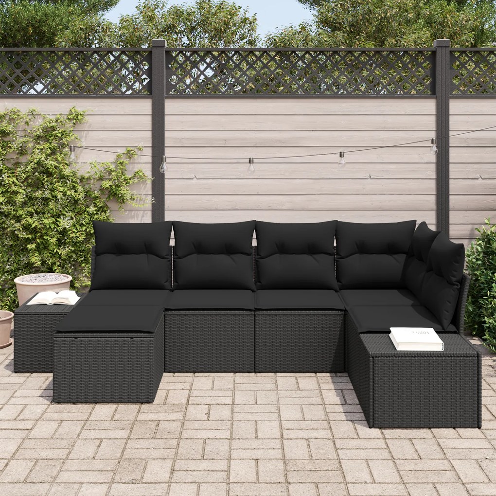 Conjunto de Sofá de Jardim de 6 Peças com Almofadas Preto Rattan
