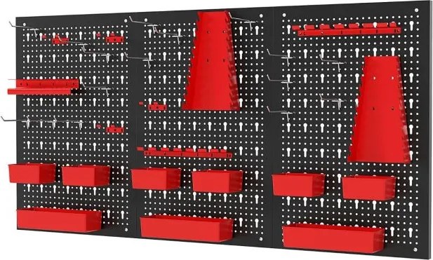 Organizador de parede ferramentas (Não incluidas) 120 x 60 x 2 cm com painel perfurado com 9 recipientes Suportes para martelos Preto e vermelho