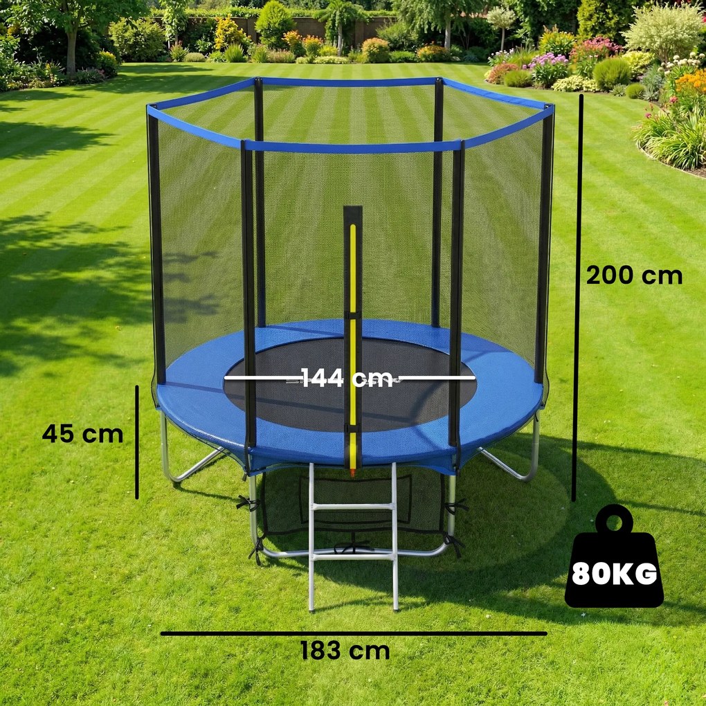 Trampolim para Crianças Exterior Ø183 cm com Rede de Segurança Escada de 2 Degraus Cobertura de Molas Saco de Armazenamento Azul