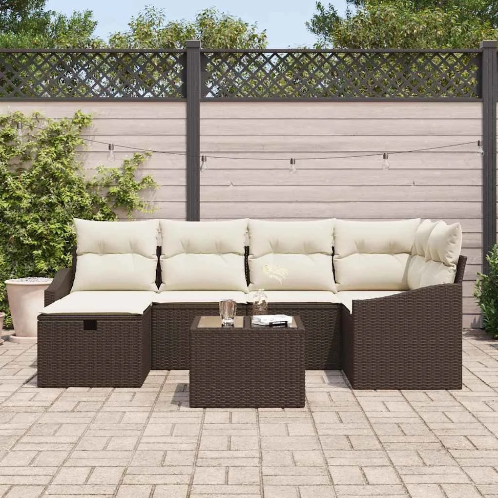 Conjunto de Sofá de Jardim de 7 Peças com Almofadas Castanho Rattan Po
