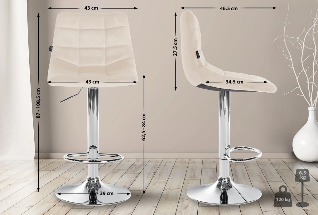 Conjunto de 2 bancos de bar Jerry em veludo com estrutura cromada 87-108,5 x 43 x 46,5 cm Creme