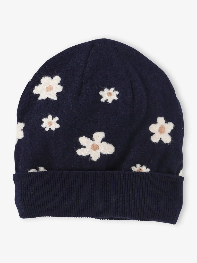 Agora -25% | Gorro de menina, com margaridas em jacquard marinho