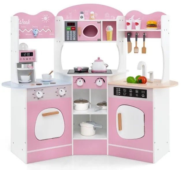 Cozinha de canto de madeira para brincar com luzes, sons e acessórios - branca