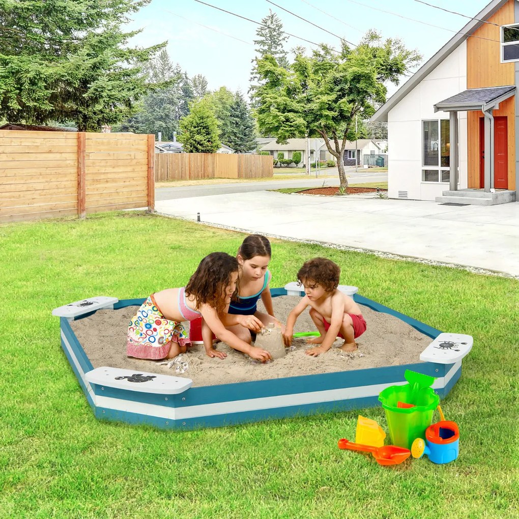 Caixa Infantil Areia de Madeira para Exterior Caixa de Areia com 4 Lugares Integrados Estrutura Semi Fundo Crianças 3+ Anos 126 x 126 x 14 cm Azul