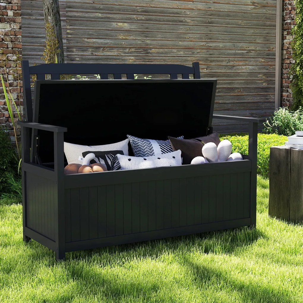 Banco jardim 123 x 68,5 x 96 cm com armazenamento para pátio com 185 L para 2 pessoas com encosto e braços Preto