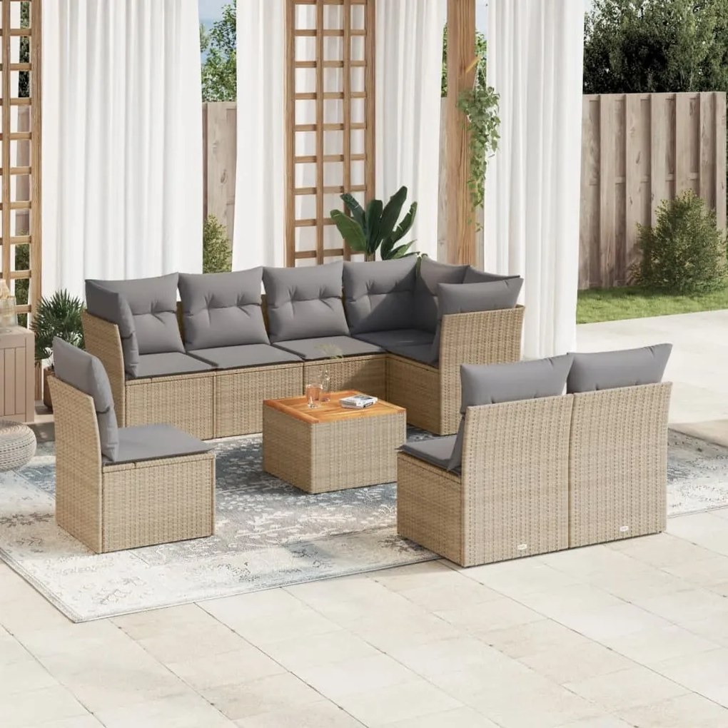 9 pcs conj. sofás jardim c/ almofadões vime PE bege misturado