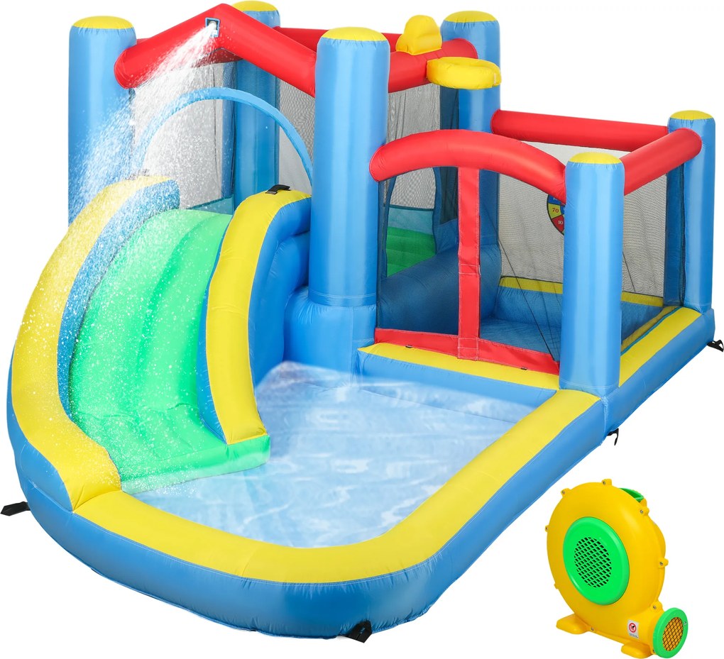 AIYAPLAY Castelo Insuflável 5 em 1 Parque Aquático Insuflável para Crianças com Escorrega Piscina Alvo e Cesta  385x290x180 cm Multicor | Aosom Portugal