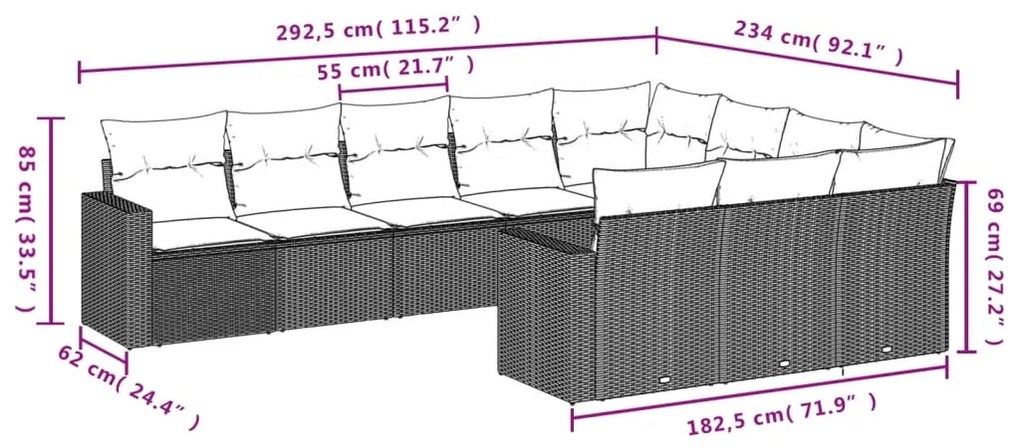 10 pcs conjunto sofás p/ jardim c/ almofadões vime PE cinzento
