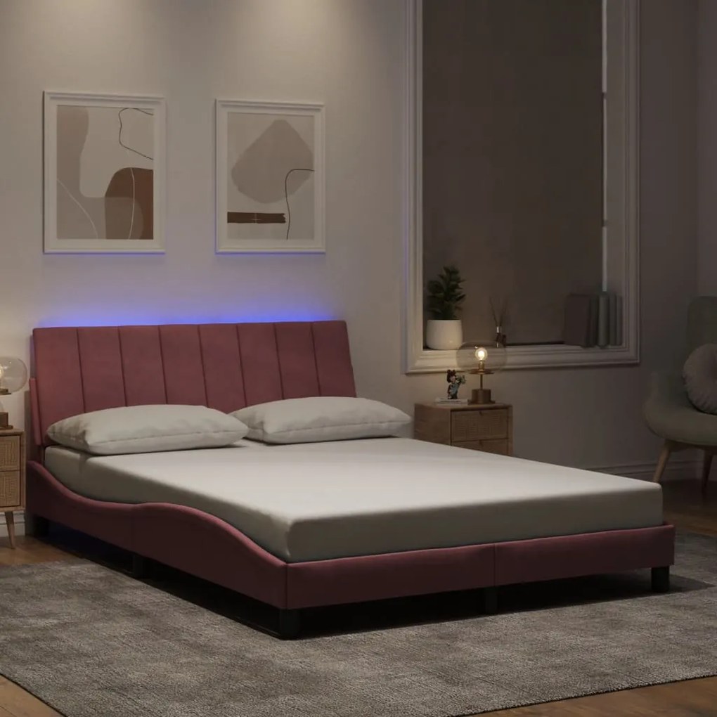 Estrutura de cama c/ luzes LED 120x200 cm veludo rosa