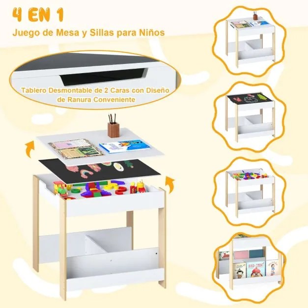 Conjunto de mesa e cadeiras para crianças Mesa de atividades em madeira com tampo reversível Prateleiras para livros e gavetas Natural + Branco