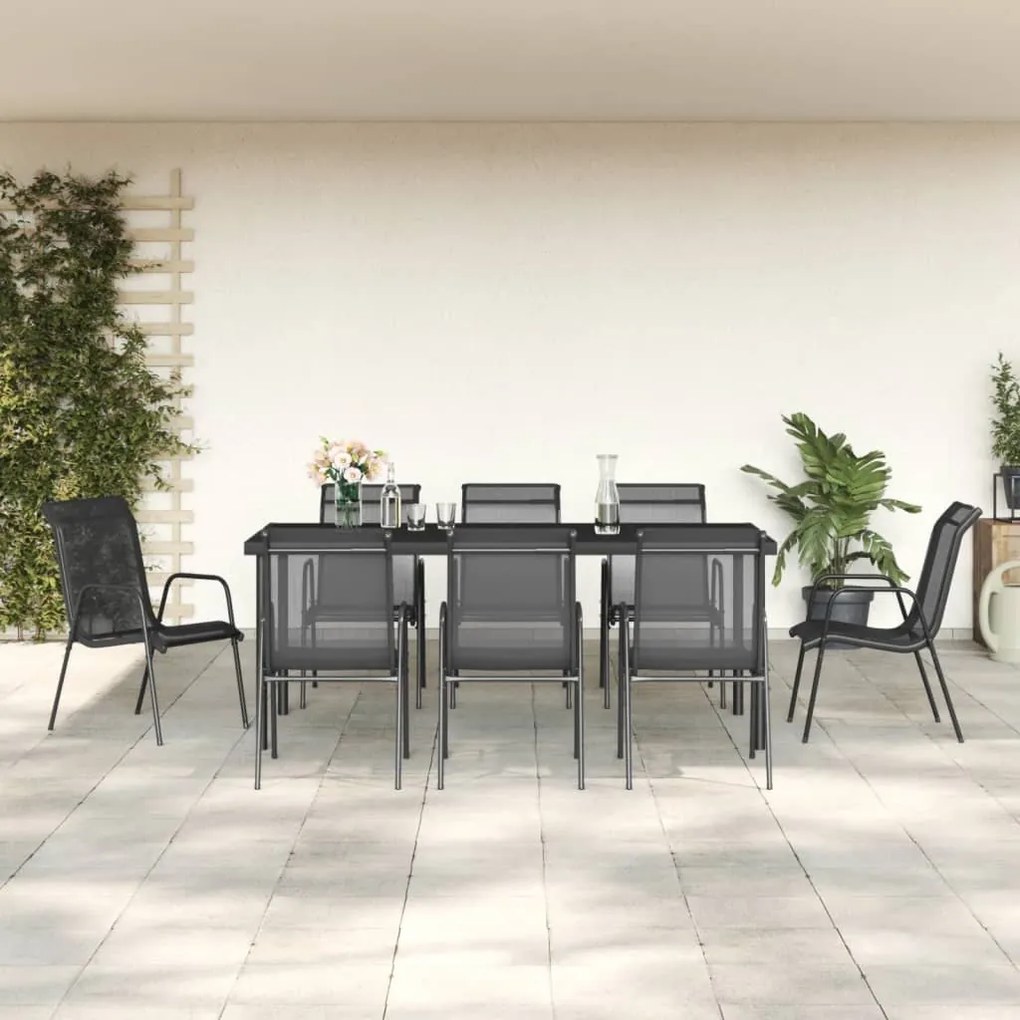 9 pcs conjunto de jantar para jardim aço e textilene preto