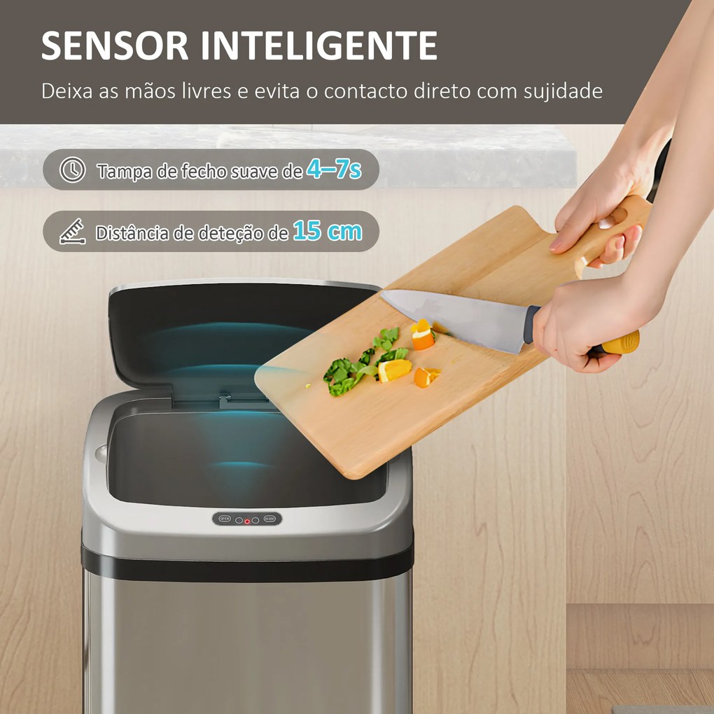Balde de Lixo Automático para Cozinha 48 L Sensor Infravermelho Fechamento Automático Antimarcas Aço Inoxidável 33x25x69 cm Prata