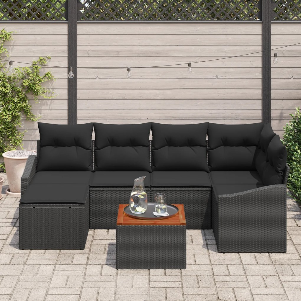 Conjunto de Sofá de Jardim 7 Peças com Almofadas Preto Vime Sintético