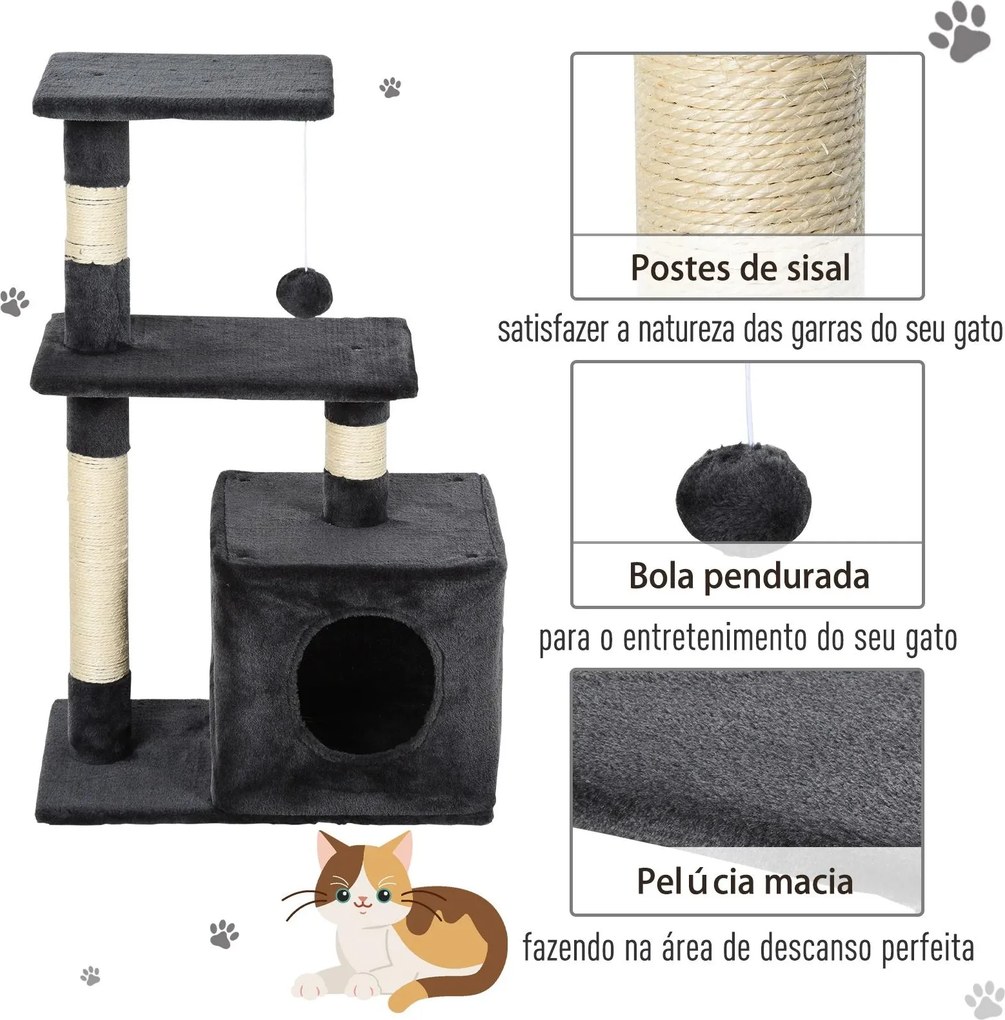 Arranhador para Gatos 50x30x81,5 cm Centro de Atividades para Gatos com Poste de Sisal Plataformas e Caverna Cinza