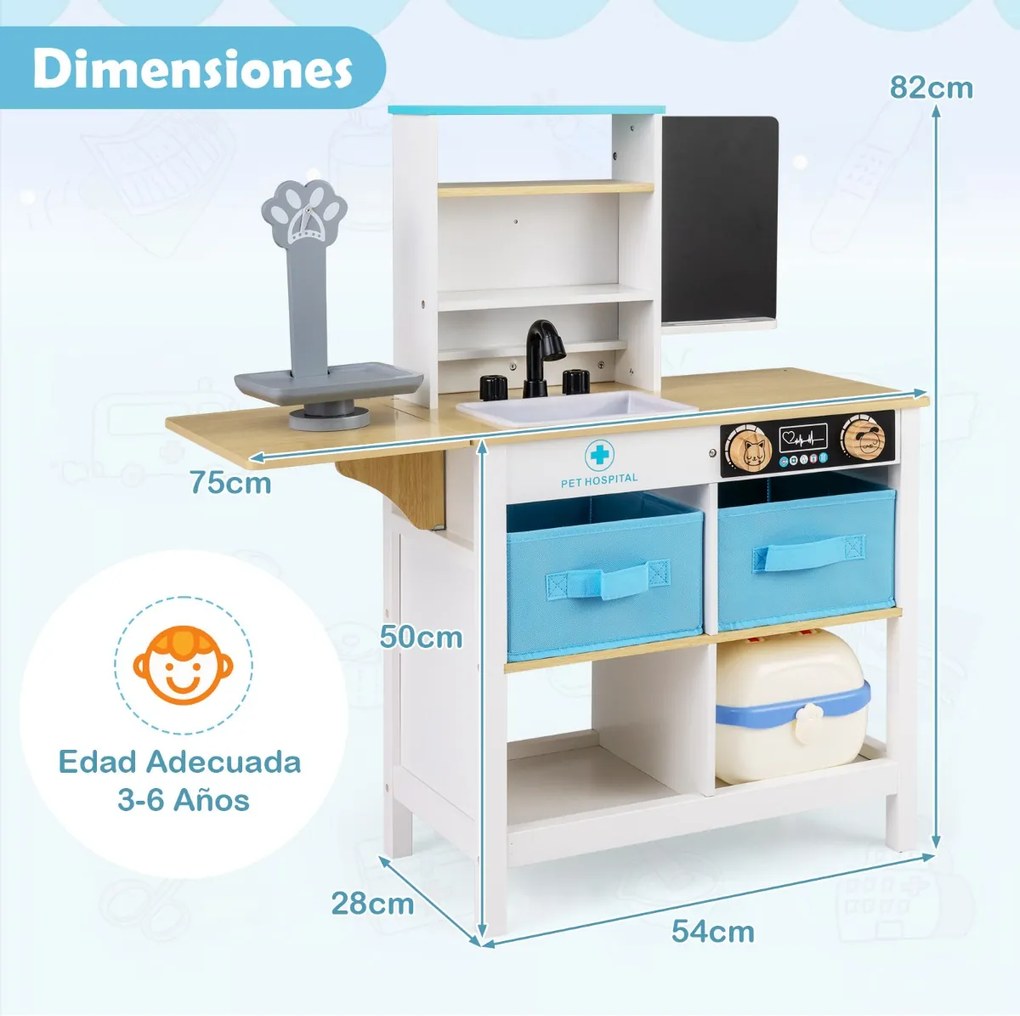 Centro Médico de Brincar de Madeira para Crianças 75 x 28 x 82 cm com Quadro Branco Balança para Animais de Estimação Torneira e Vários Acessórios Bra