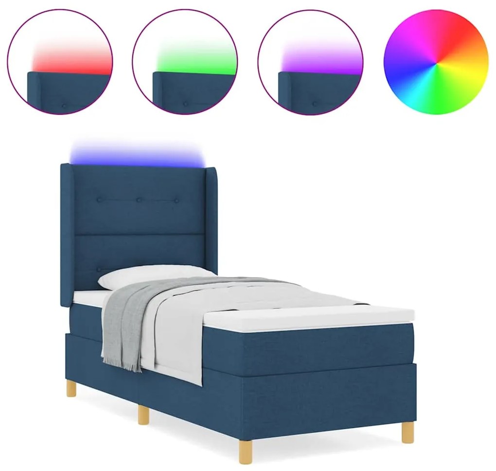 Cama Box com Colchão e LED Azul 90x200 cm Tecido