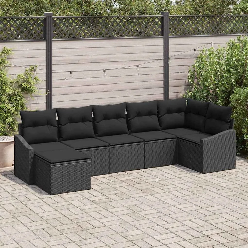 Conjunto de Sofá de Jardim em 7 Peças com Almofadas Preto Rattan