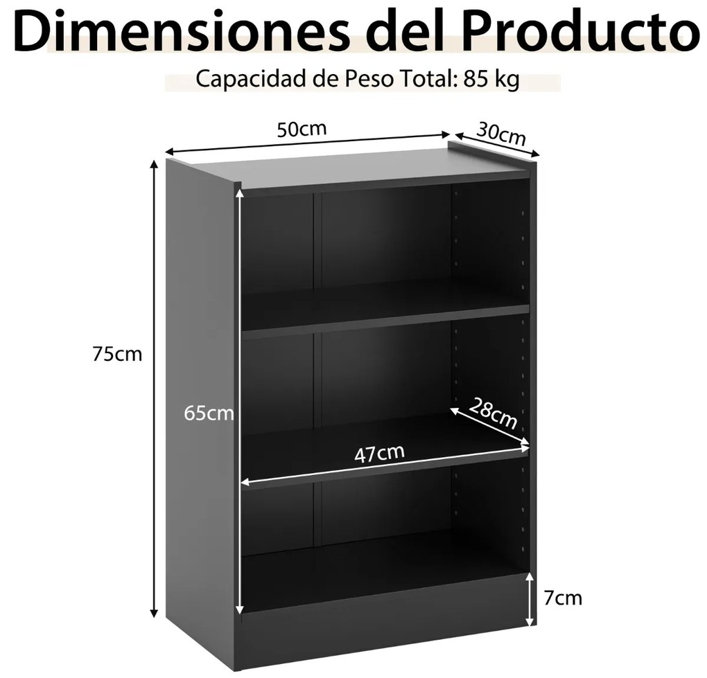 Estante de 3 níveis com prateleiras ajustáveis e dispositivo anti-queda para a sala de estar e o quarto 50 x 30 x 75 cm Preto