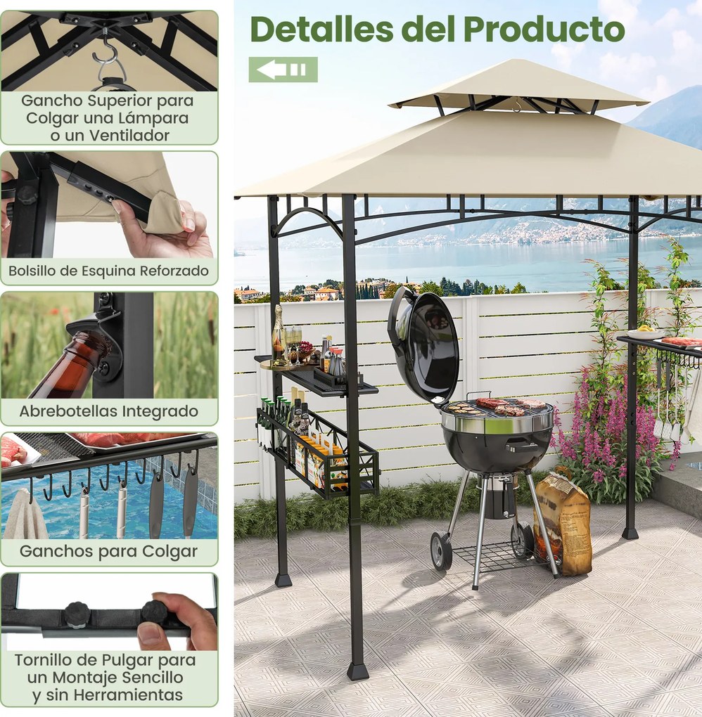 Tenda 242 x 153 cm com 2 estantes laterais, cesto, ganchos e abridor de garrafas; Estrutura metálica para jardim ou pátio, cor bege
