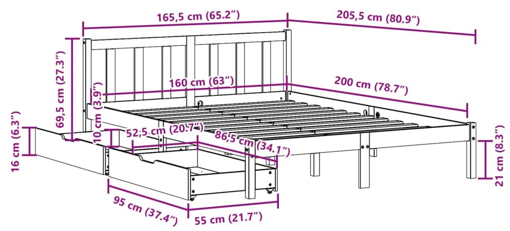 Cama sem colchão 160x200 cm madeira pinho maciço castanho-mel