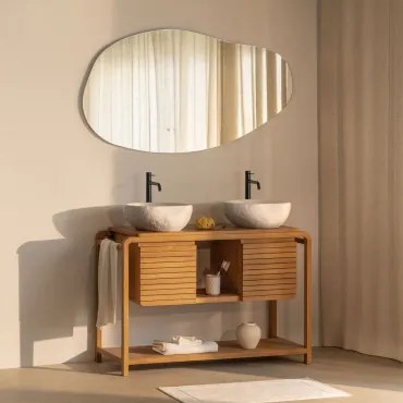 Conjunto De Móvel De Casa De Banho Em Madeira De Teca Bradley 2 X Irregular Em Cimento Branco ??40 Cm Fedro & Led Irregular E Antiembaciamento - Sklum