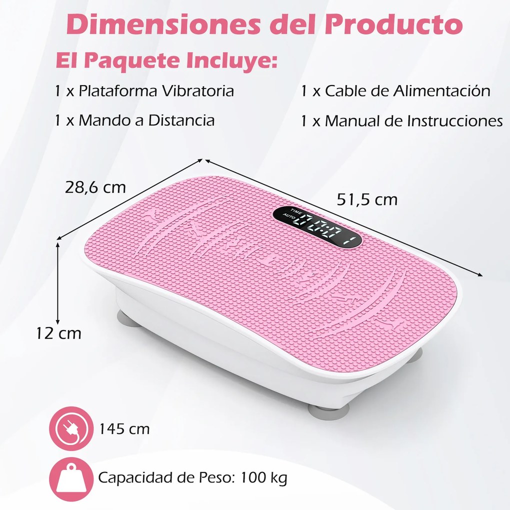 Plataforma vibratória muscular com 10 intensidades e controlo remoto para emagrecer, queimar calorias e tonificar os músculos - Branco + Rosa